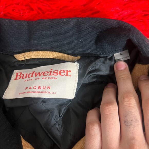 Budweiser by Pacsun Mens Khaki Work Jacket w Black Quilted Lining Embroidered L - Picture 4 of 4